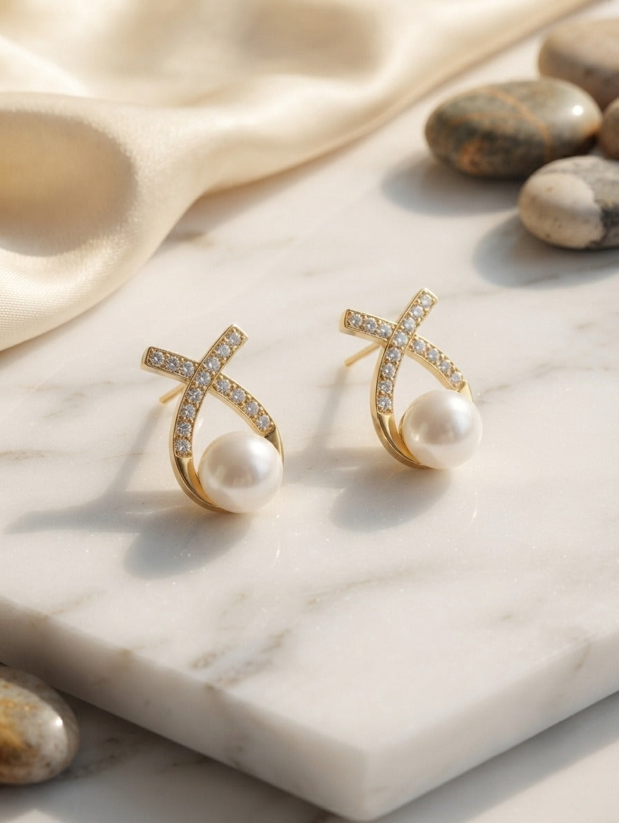 Ocean Treasure Pearl & CZ Stud Earrings for Women | Elegant Party Wear Ear