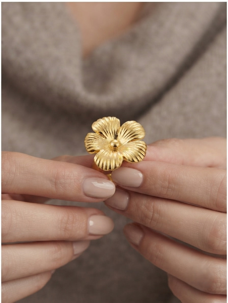 Gold Plated Floral Statement Ring for Women | Vintage Flower Adjustable Ring