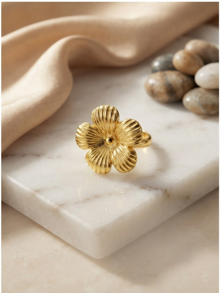 Gold Plated Floral Statement Ring for Women | Vintage Flower Adjustable Ring