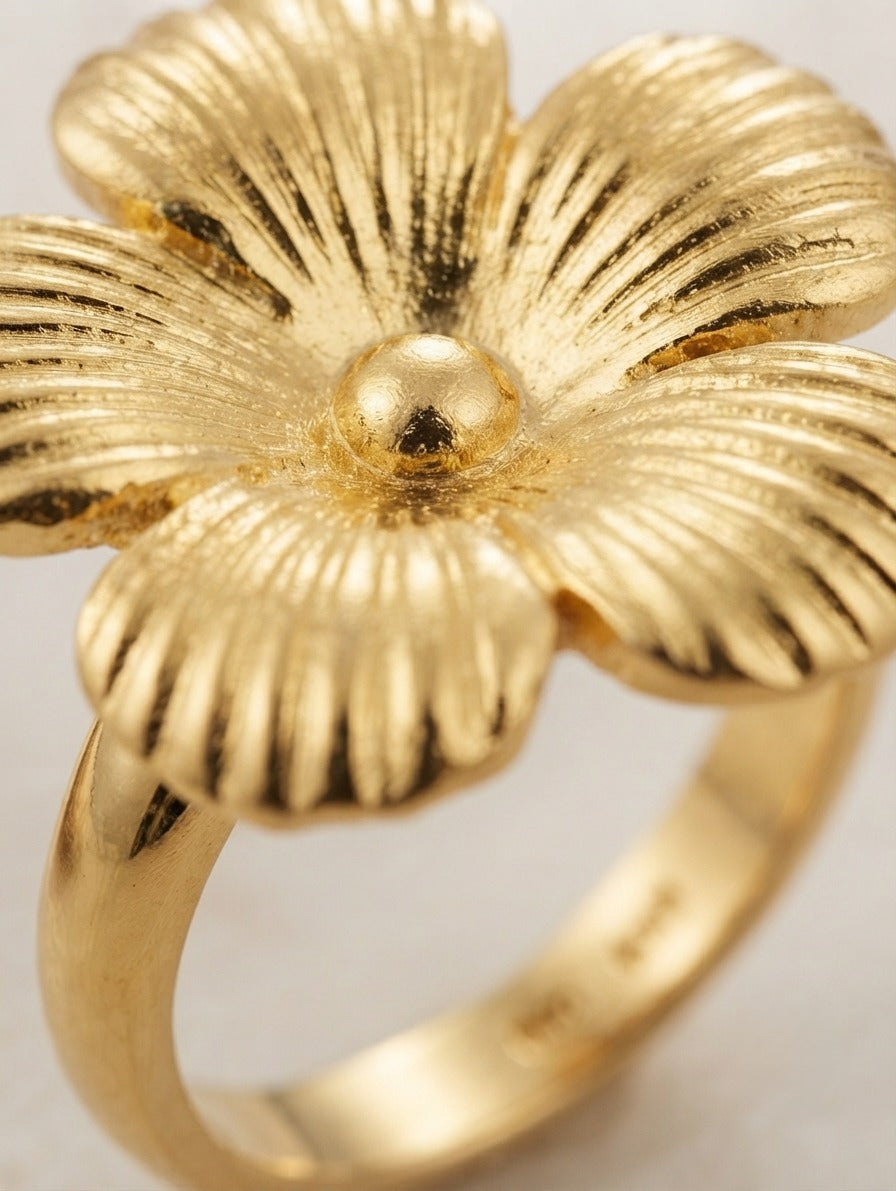 Gold Plated Floral Statement Ring for Women | Vintage Flower Adjustable Ring