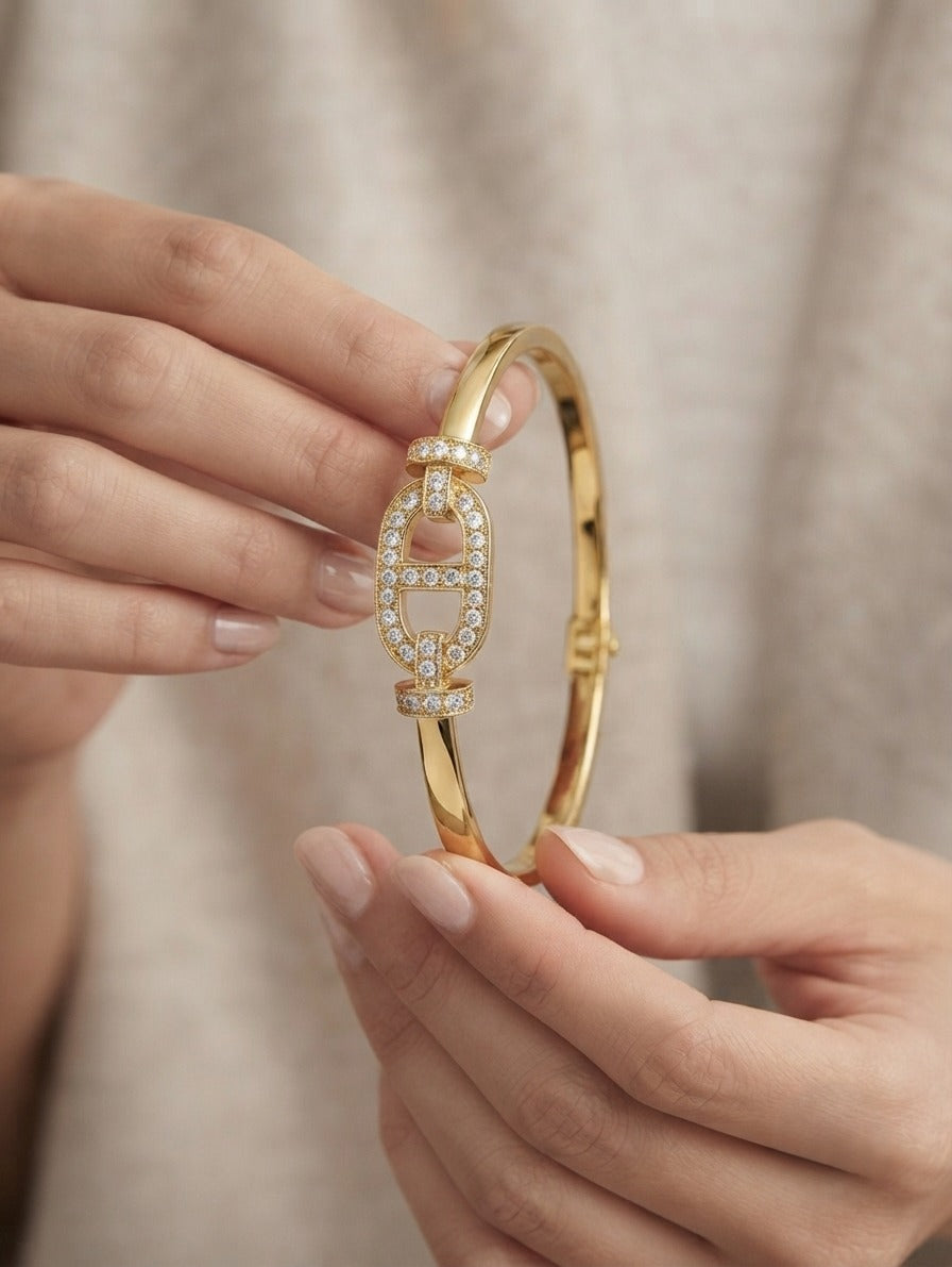 Gold Plated Designer Oval CZ Bracelet Bangle for Women | Traditional Party Wear Kada