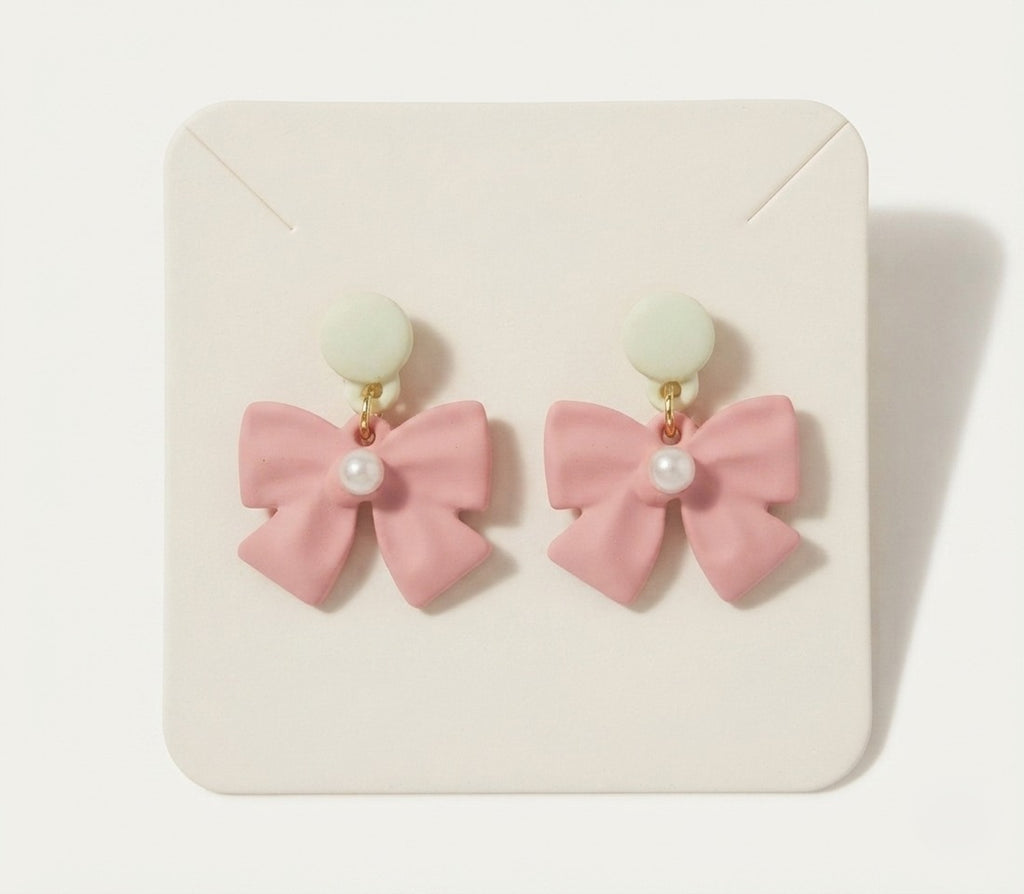 Korean Pink Bow Pearl Earrings | Cute Aesthetic Statement Earrings