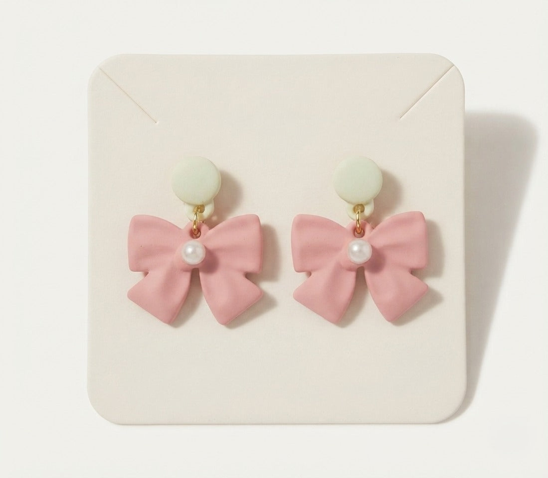 Korean Pink Bow Pearl Earrings | Cute Aesthetic Statement Earrings