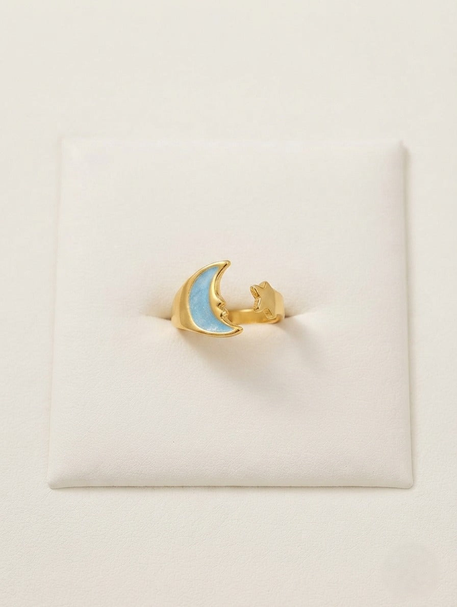 Korean Blue Crescent Moon & Star Adjustable Ring