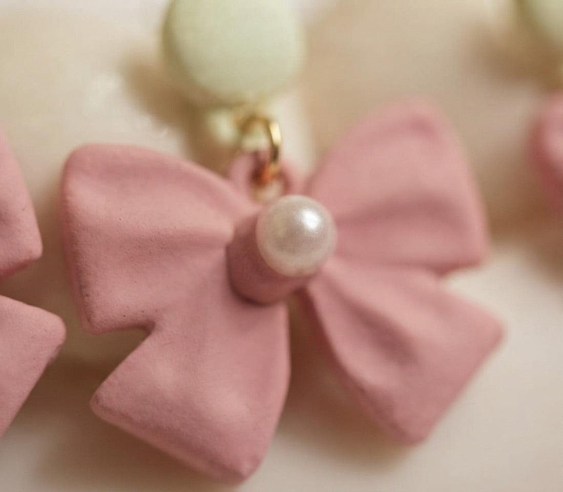 Korean Pink Bow Pearl Earrings | Cute Aesthetic Statement Earrings