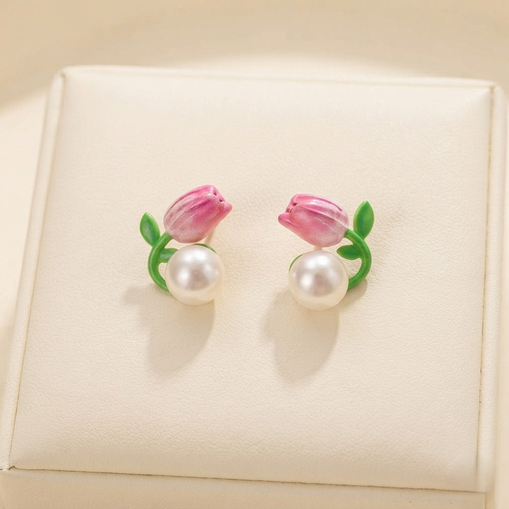 Ocean treasure Pink Tulip Pearl Earrings | Cute Floral Stud Earrings | Korean Aesthetic Jewelry