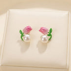 Ocean treasure Pink Tulip Pearl Earrings | Cute Floral Stud Earrings | Korean Aesthetic Jewelry