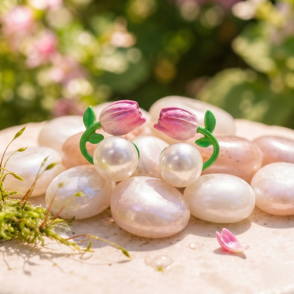 Ocean treasure Pink Tulip Pearl Earrings | Cute Floral Stud Earrings | Korean Aesthetic Jewelry