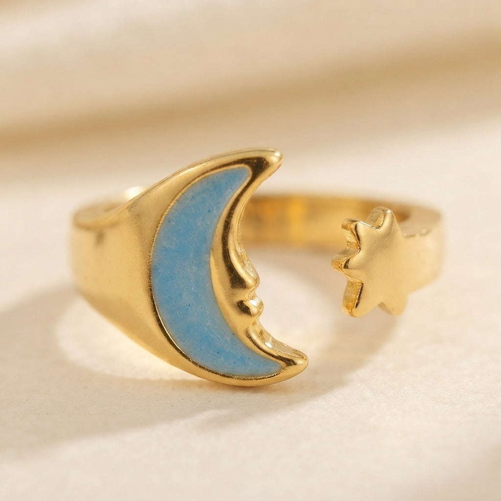 Korean Blue Crescent Moon & Star Adjustable Ring