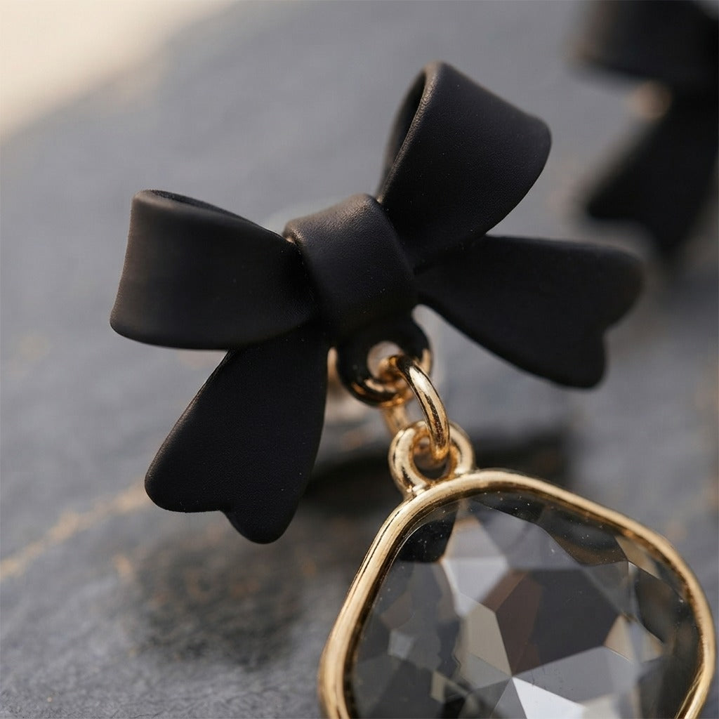 Korean-Style Black Bow Statement Earrings for Women