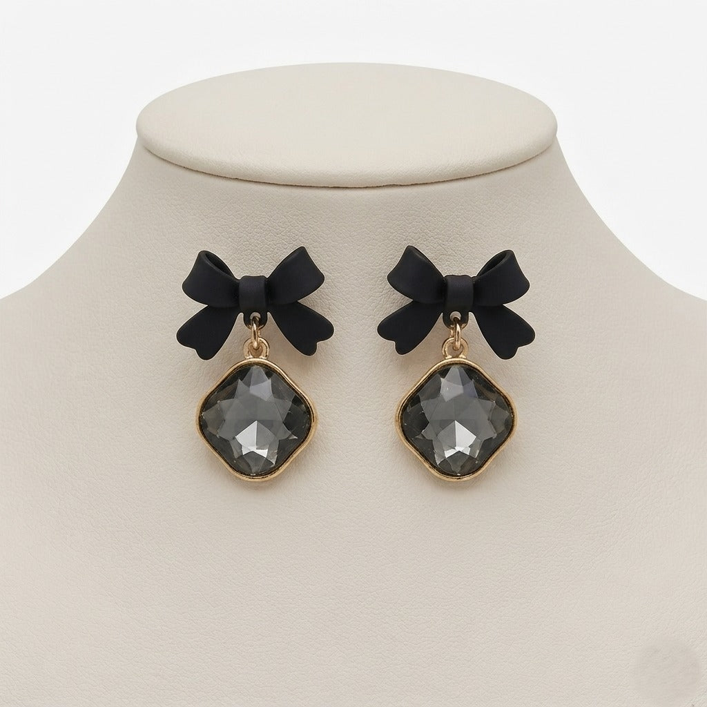 Korean-Style Black Bow Statement Earrings for Women