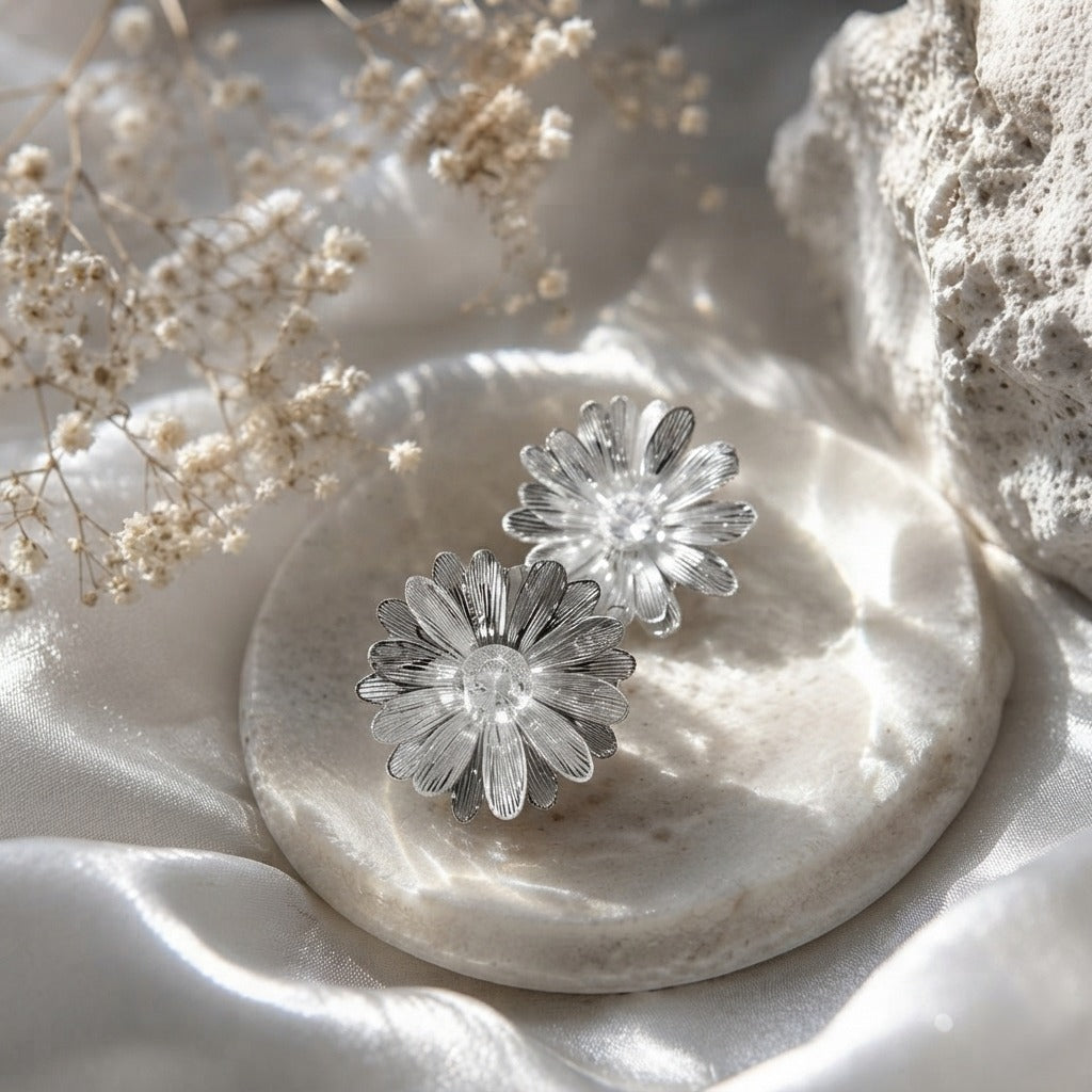 Silver Plated Daisy Flower Earrings | Elegant Floral Stud Earrings | Korean Style Jewelry
