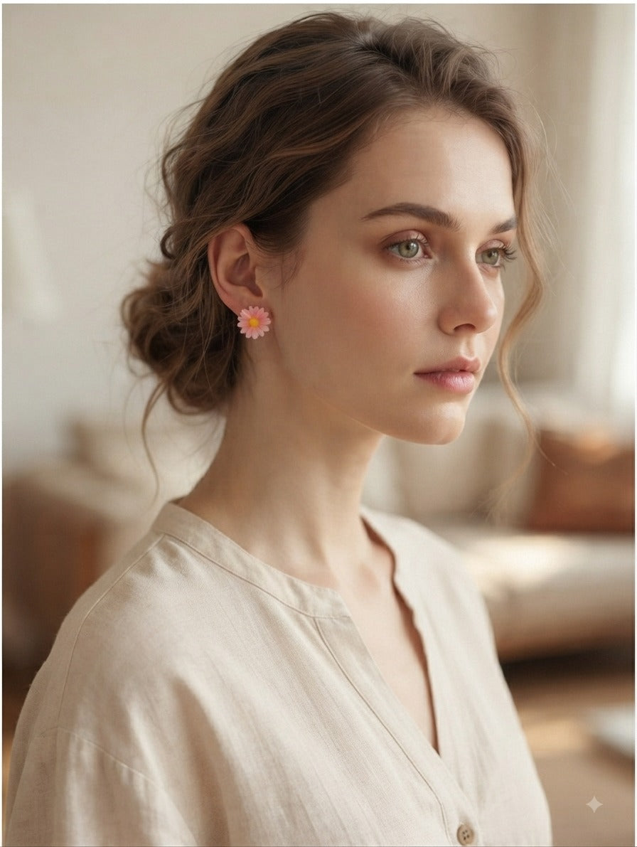 Korean Pink Daisy Flower Earrings | Cute Floral Stud Earrings | Korean Fashion Jewelry