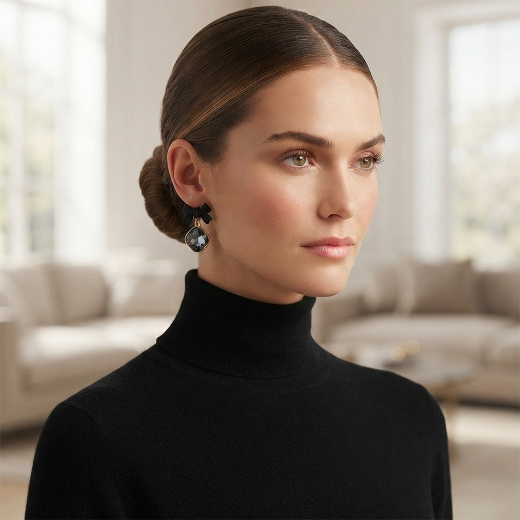Korean-Style Black Bow Statement Earrings for Women