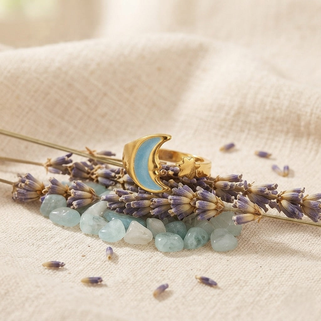 Korean Blue Crescent Moon & Star Adjustable Ring