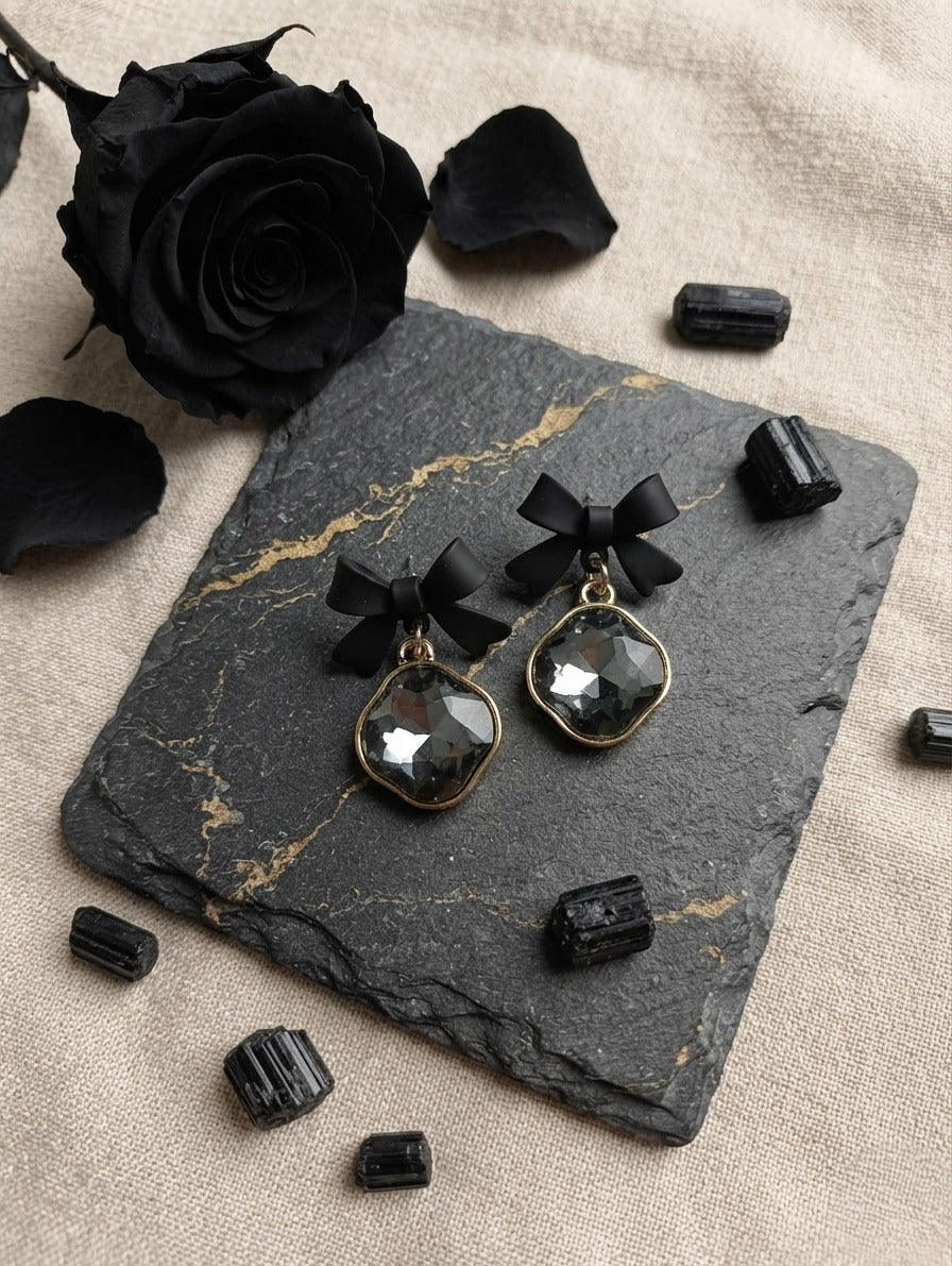 Korean-Style Black Bow Statement Earrings for Women