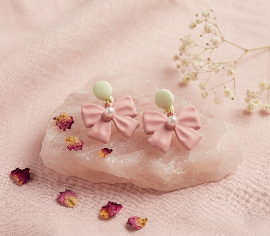 Korean Pink Bow Pearl Earrings | Cute Aesthetic Statement Earrings