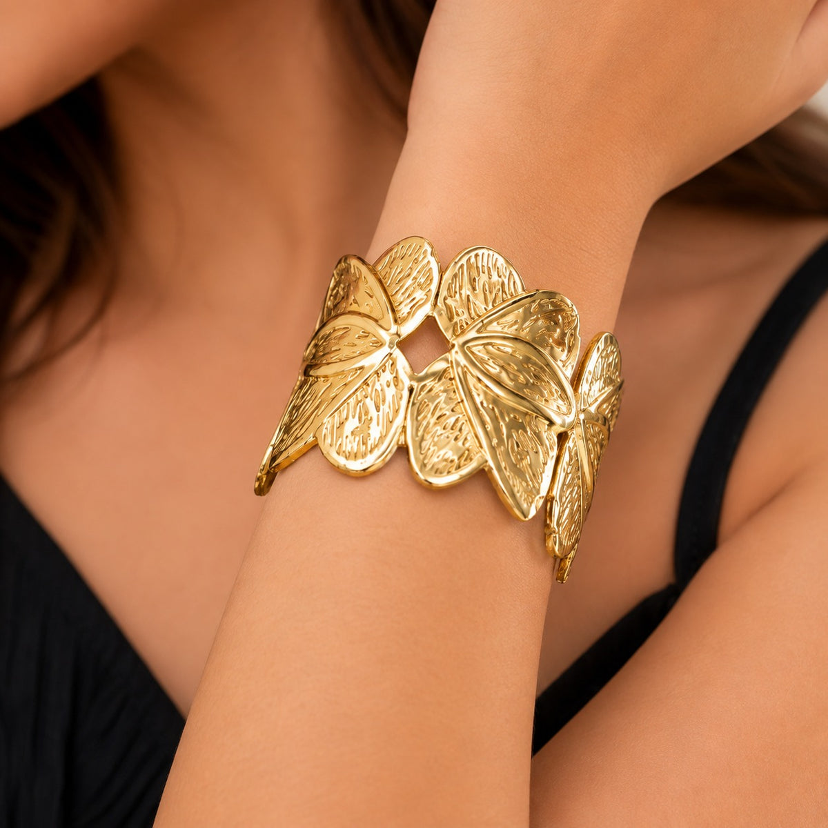 18K Gold Plated Floral Leaf Cuff Bracelet | Adjustable Statement Bangle