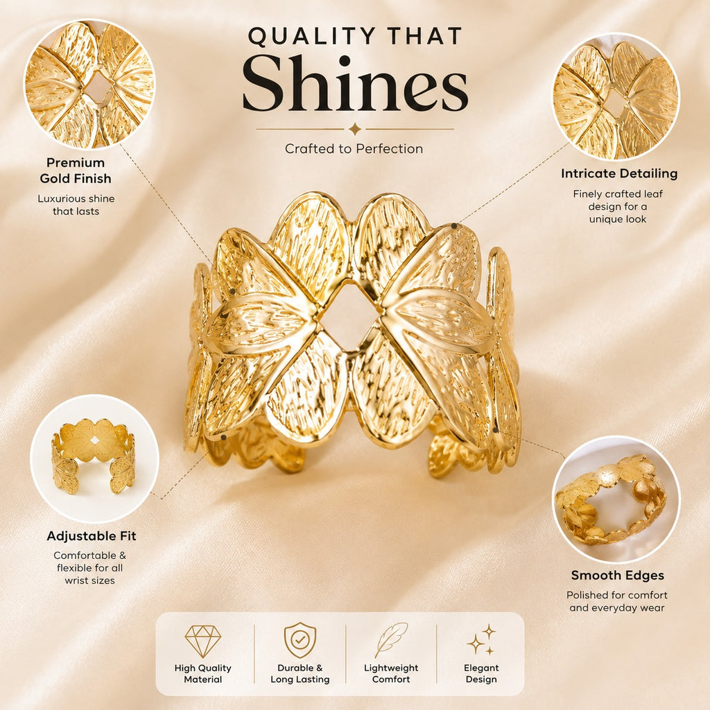 18K Gold Plated Floral Leaf Cuff Bracelet | Adjustable Statement Bangle