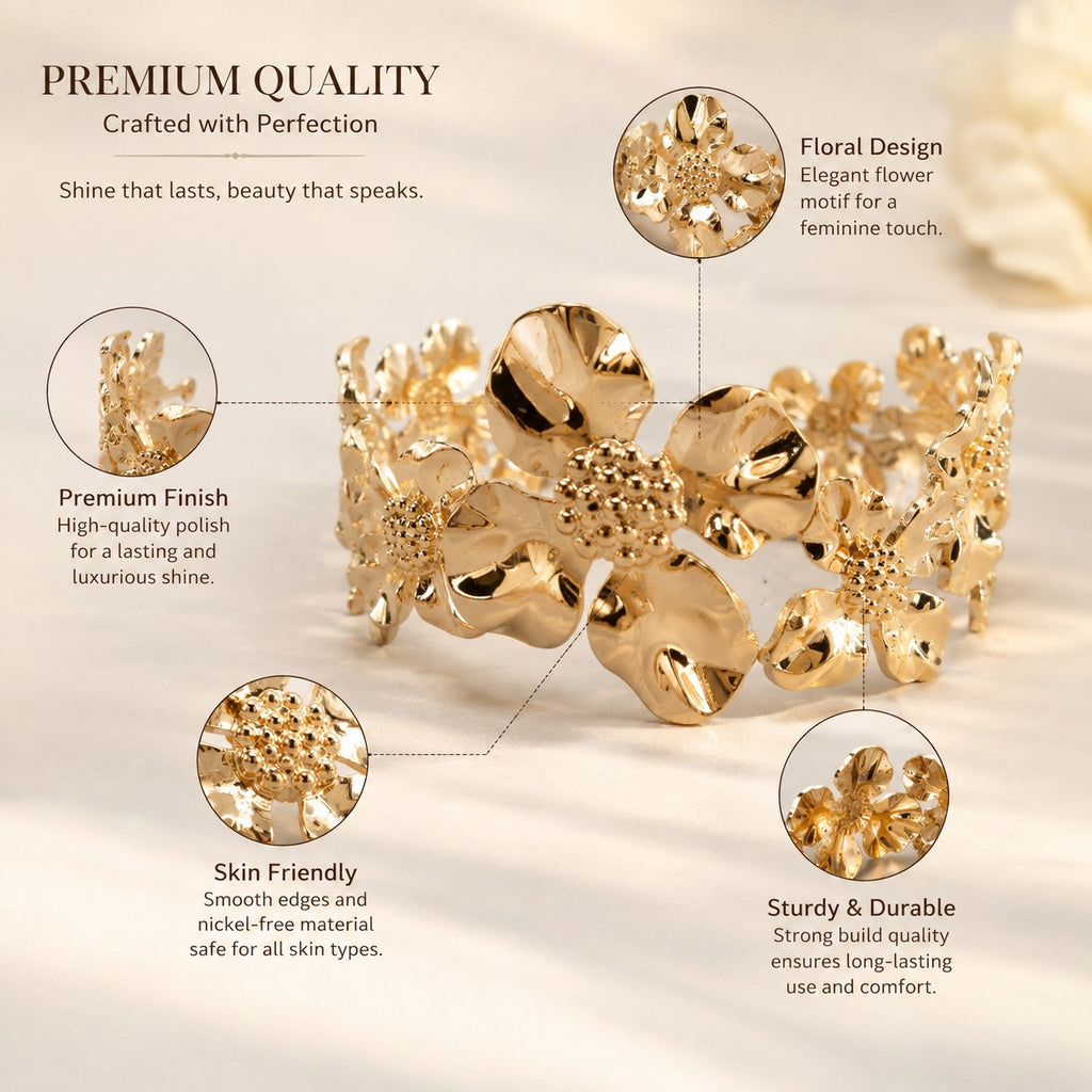 Elegant Floral Gold-Tone Bracelet for Women | Korean-Inspired Statement Cuff
