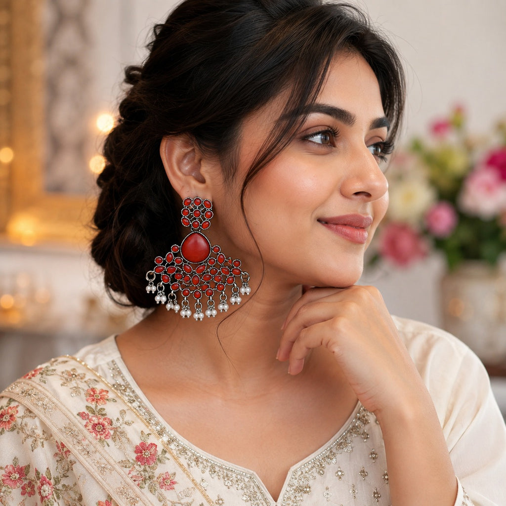 Red Stone Oxidized Statement Jhumka Earrings | Traditional Ethnic Drop Earrings