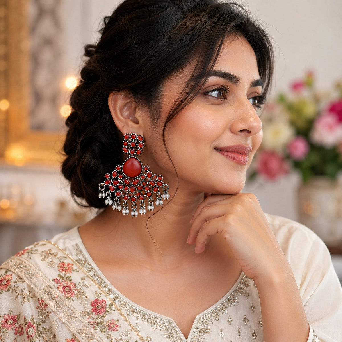 Red Stone Oxidized Statement Jhumka Earrings | Traditional Ethnic Drop Earrings