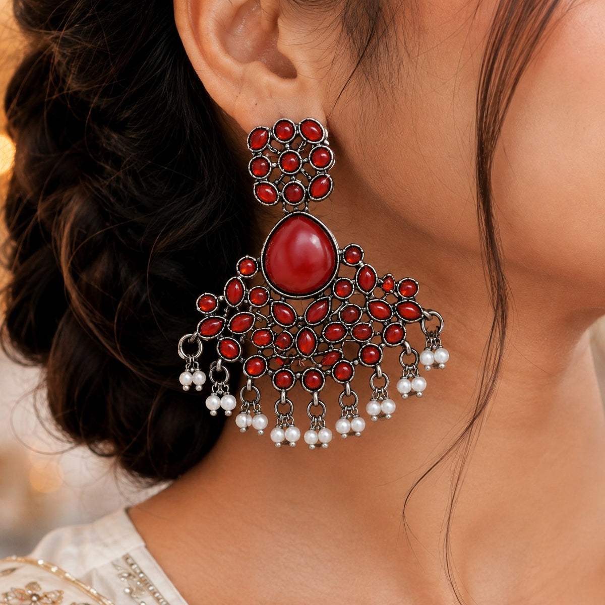 Red Stone Oxidized Statement Jhumka Earrings | Traditional Ethnic Drop Earrings