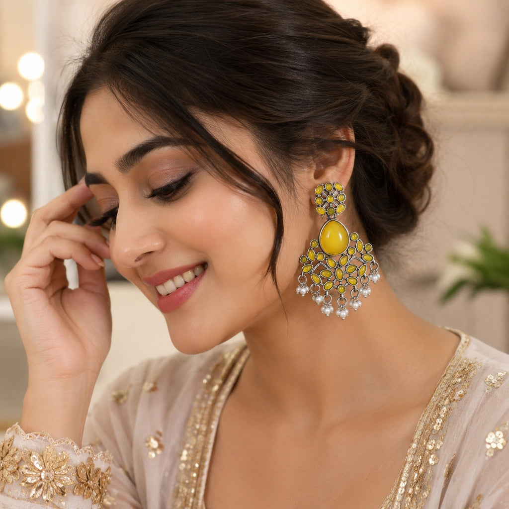 Mustard Yellow Stone Oxidized Statement Earrings | Pearl Drop Ethnic Earrings