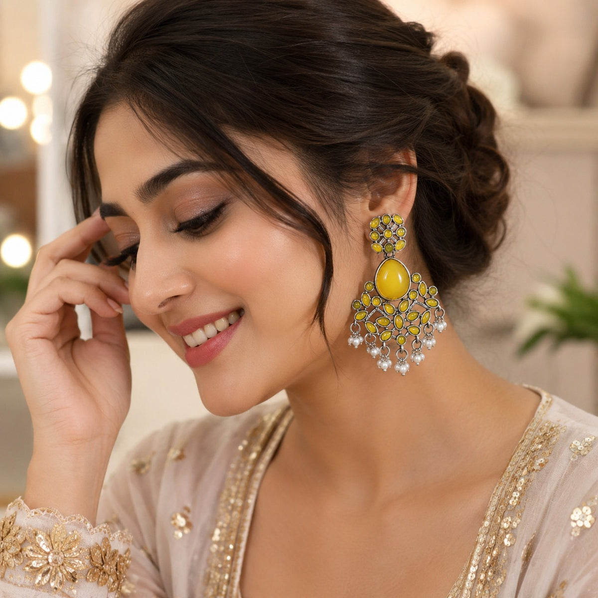 Mustard Yellow Stone Oxidized Statement Earrings | Pearl Drop Ethnic Earrings