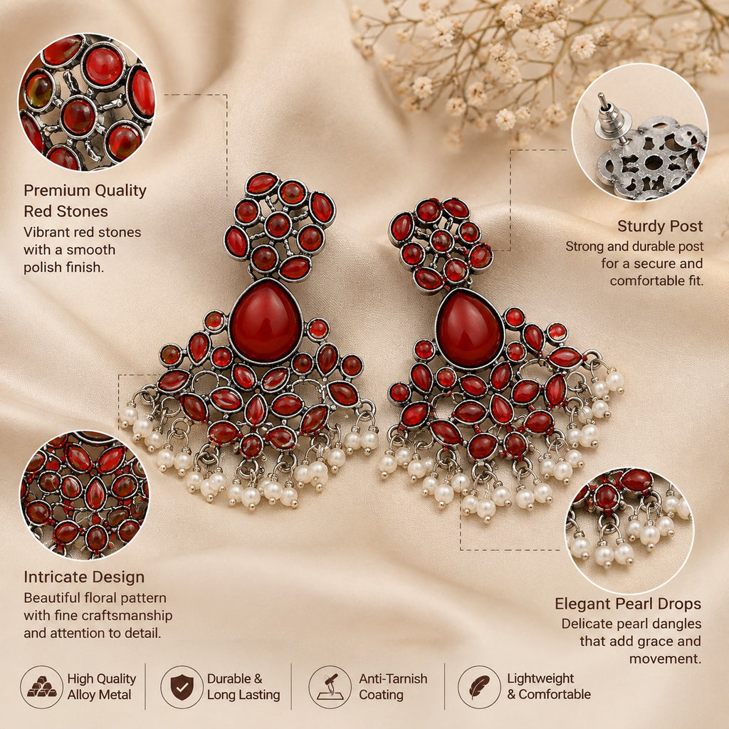 Red Stone Oxidized Statement Jhumka Earrings | Traditional Ethnic Drop Earrings