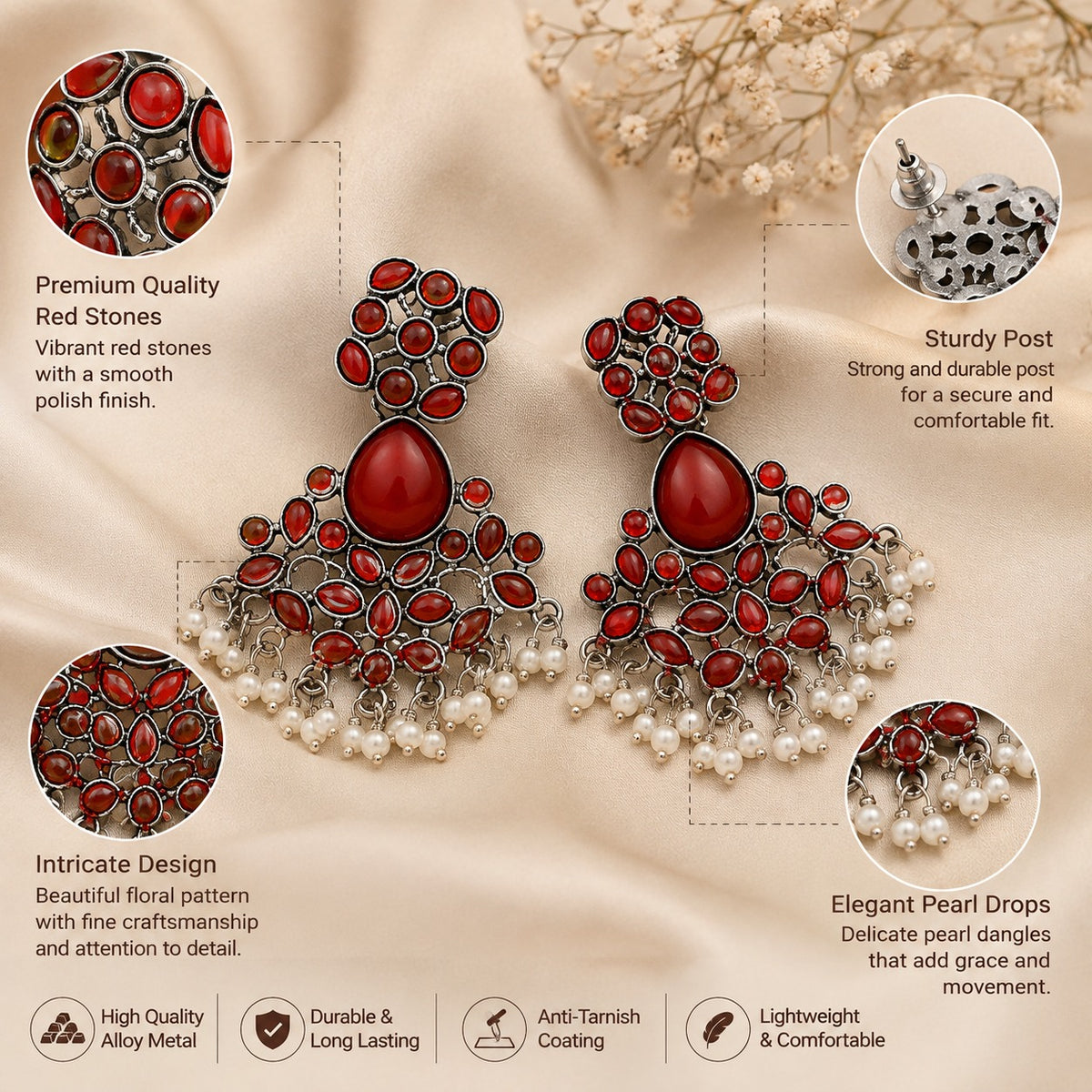 Red Stone Oxidized Statement Jhumka Earrings | Traditional Ethnic Drop Earrings