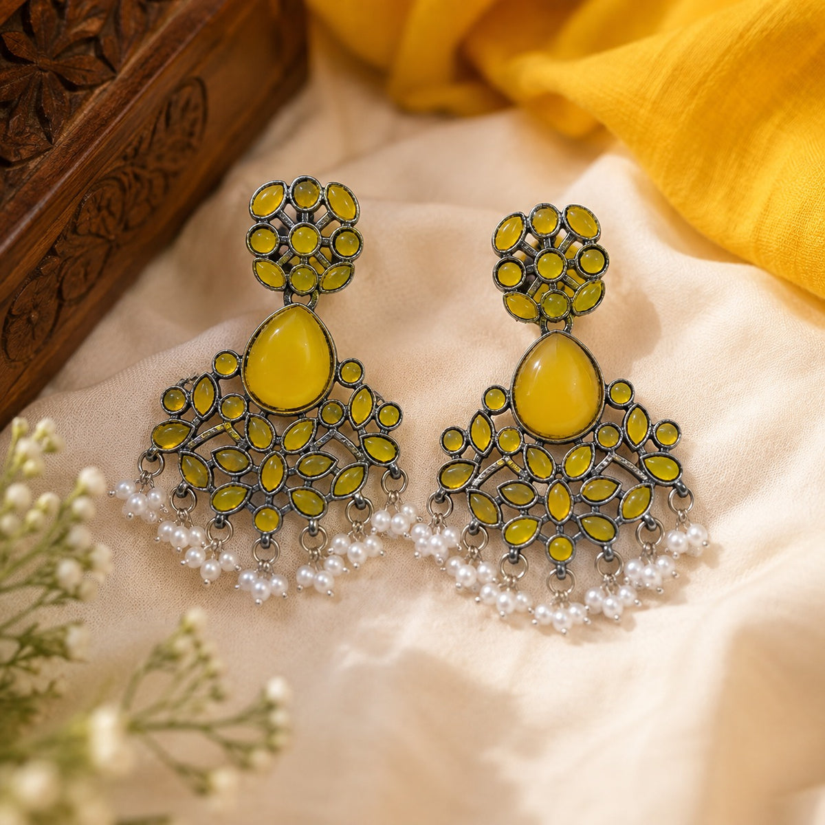 Mustard Yellow Stone Oxidized Statement Earrings | Pearl Drop Ethnic Earrings