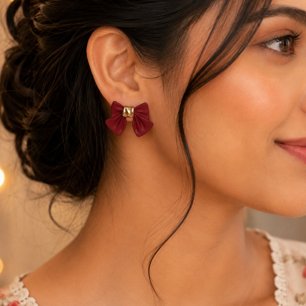 Elegant Burgundy Bow Earrings for Women | Korean-Inspired Fashion Stud Earrings