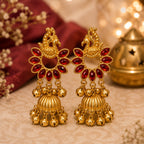 Peacock Red Stone Jhumka Earrings | Traditional Gold-Tone Ethnic Earrings