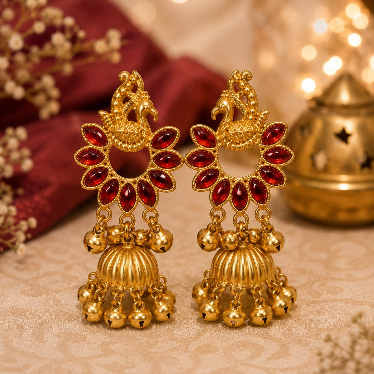 Peacock Red Stone Jhumka Earrings | Traditional Gold-Tone Ethnic Earrings