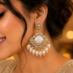 Gold Plated Pearl Chandbali Earrings | Kundan Style Statement Ethnic Earrings for Women
