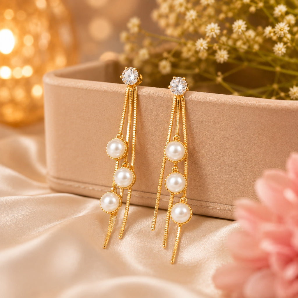 Elegant 18K Gold Plated Pearl Drop Ocean Treasure Earrings for Women | CZ Stone Long Chain Dangle Earrings