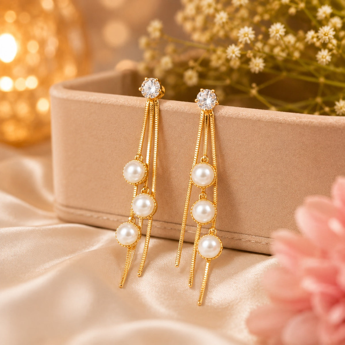 Elegant 18K Gold Plated Pearl Drop Ocean Treasure Earrings for Women | CZ Stone Long Chain Dangle Earrings