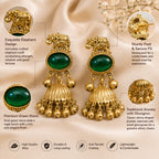 Traditional Elephant Green Stone Ethnic Jhumka Earrings | Gold-Tone Temple Jewellery