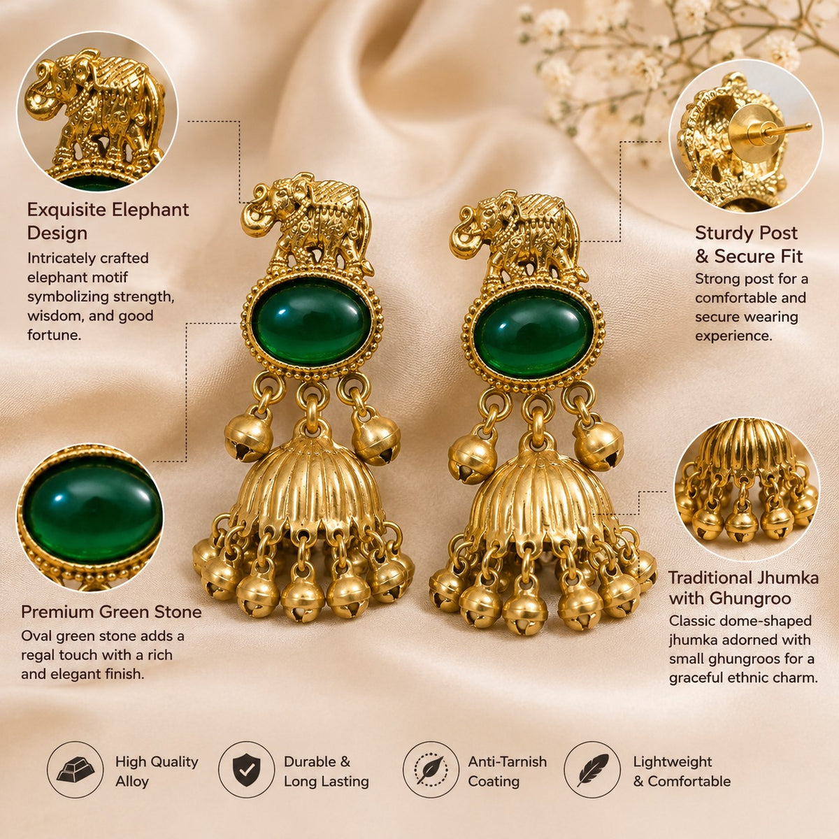 Traditional Elephant Green Stone Ethnic Jhumka Earrings | Gold-Tone Temple Jewellery