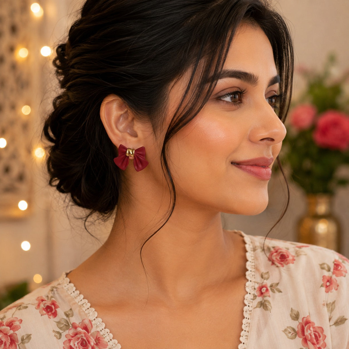 Elegant Burgundy Bow Earrings for Women | Korean-Inspired Fashion Stud Earrings