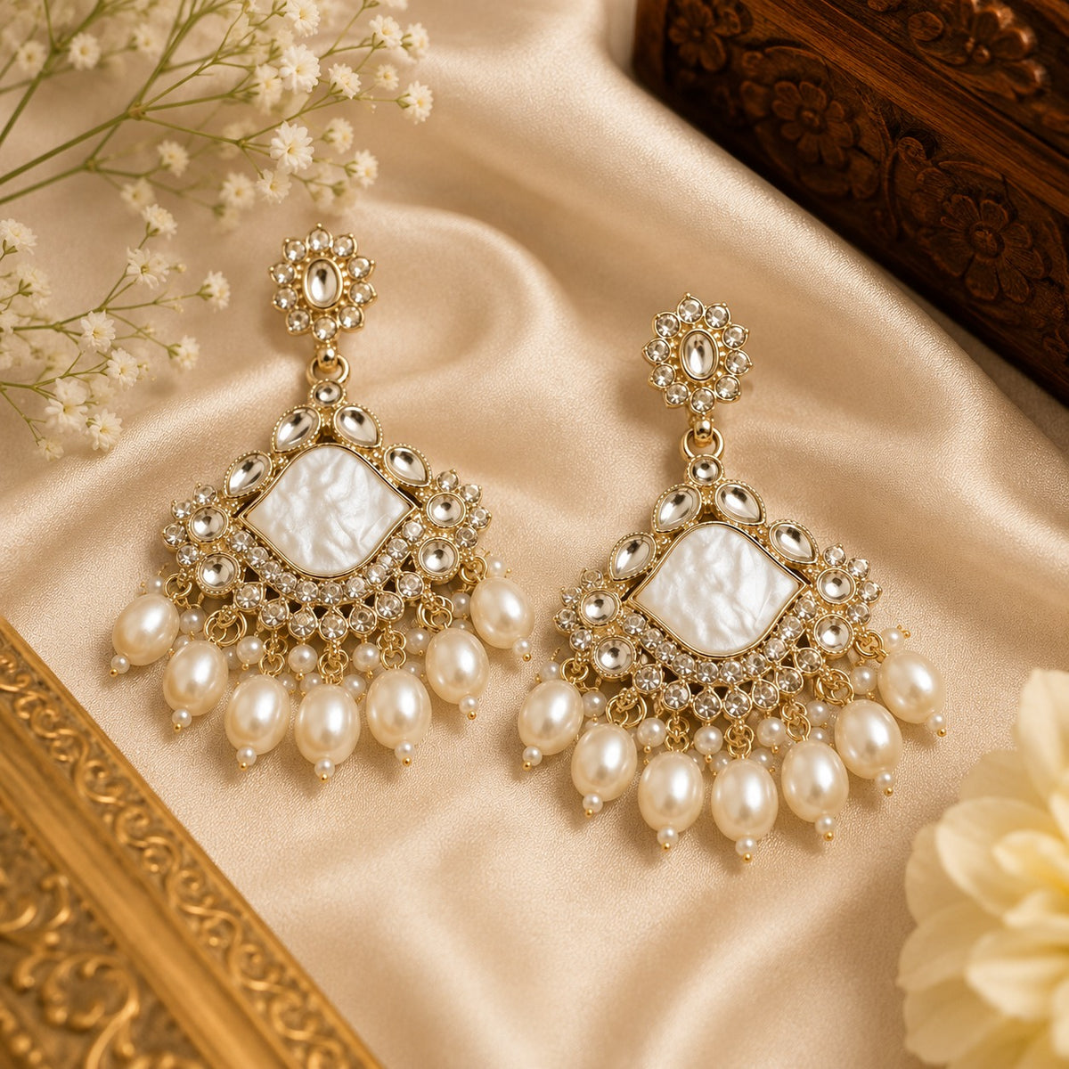Gold Plated Pearl Chandbali Earrings | Kundan Style Statement Ethnic Earrings for Women