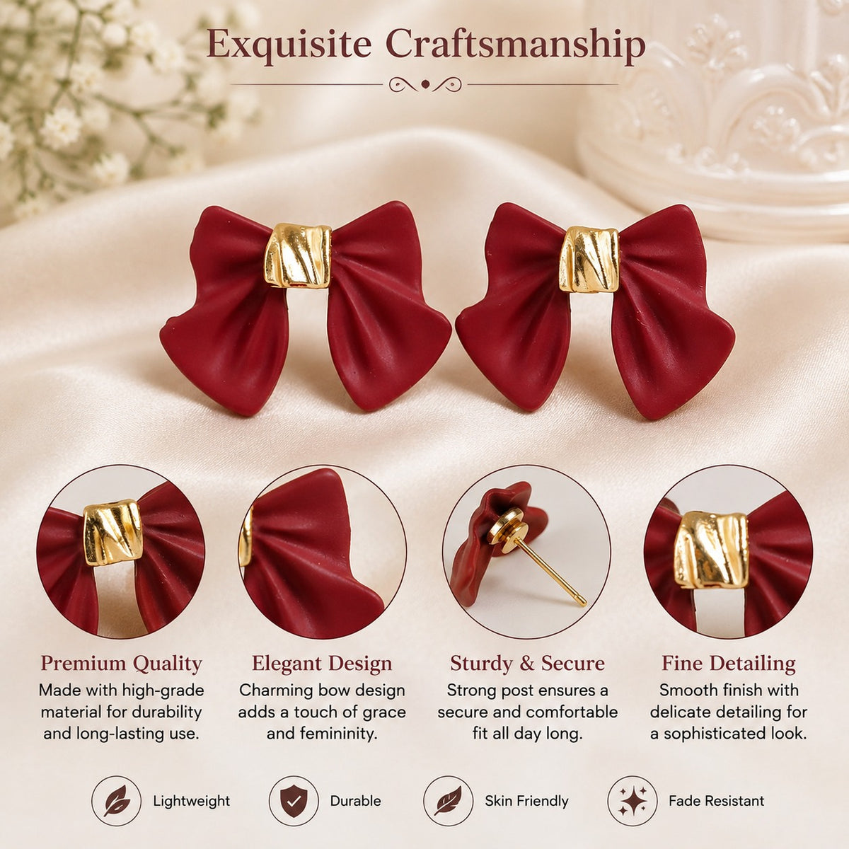 Elegant Burgundy Bow Earrings for Women | Korean-Inspired Fashion Stud Earrings