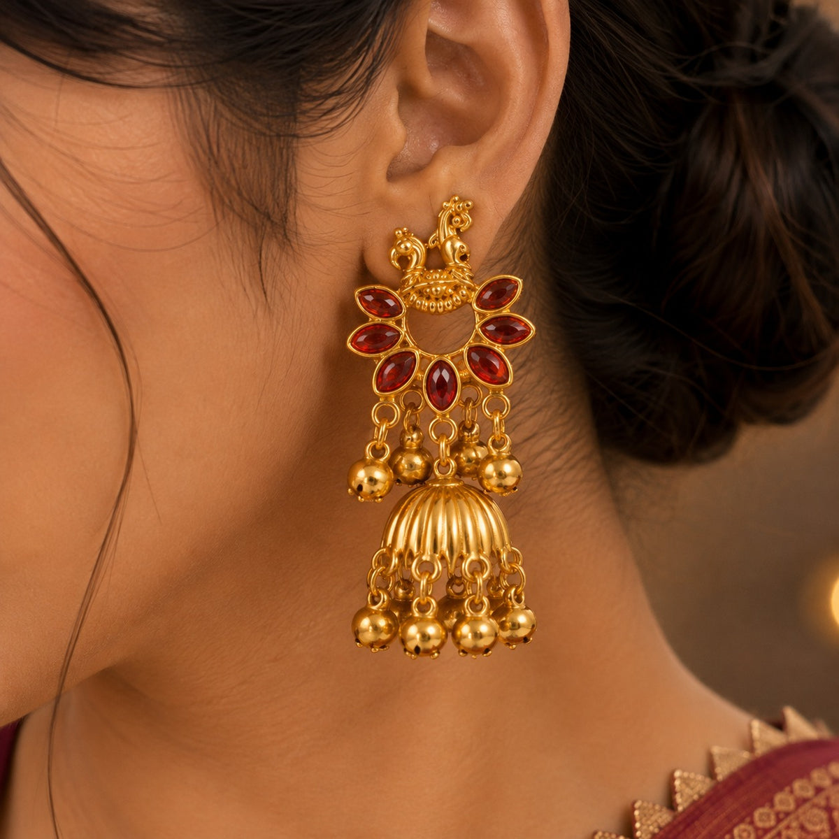 Peacock Red Stone Jhumka Earrings | Traditional Gold-Tone Ethnic Earrings