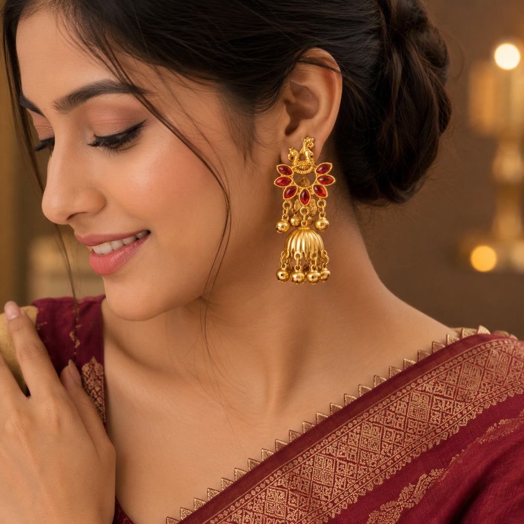 Peacock Red Stone Jhumka Earrings | Traditional Gold-Tone Ethnic Earrings