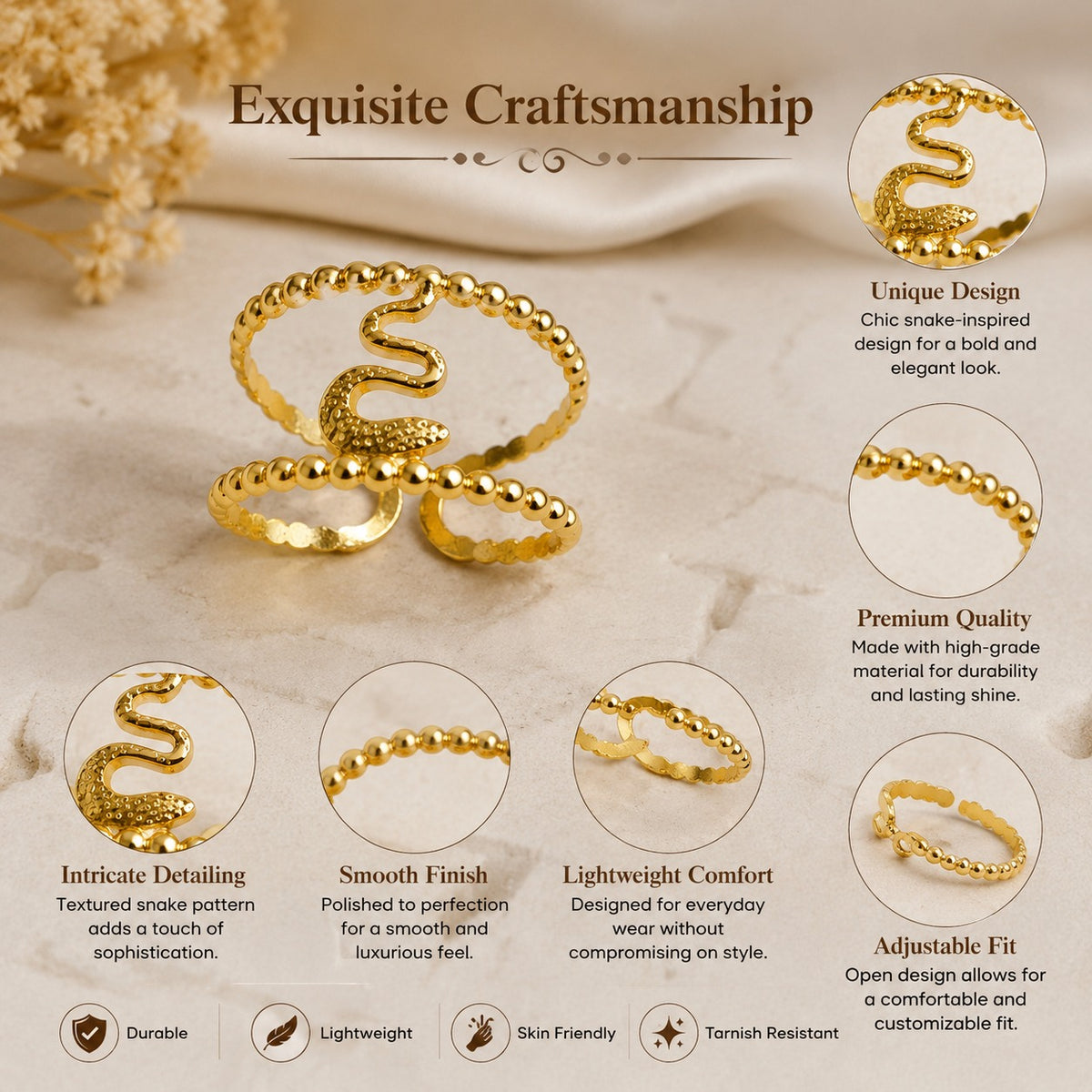 Gold Snake Ring for Women | Adjustable Snake Design Finger Ring | Trendy Statement Jewellery