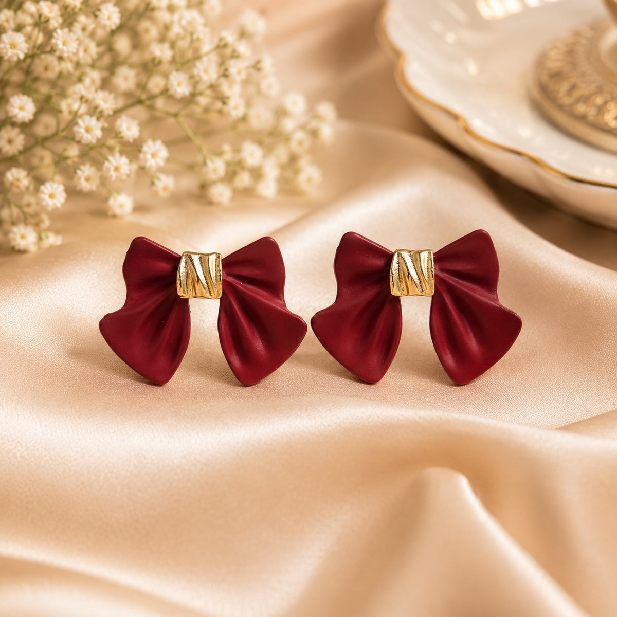 Elegant Burgundy Bow Earrings for Women | Korean-Inspired Fashion Stud Earrings
