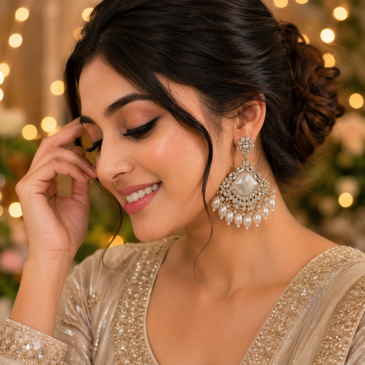 Gold Plated Pearl Chandbali Earrings | Kundan Style Statement Ethnic Earrings for Women