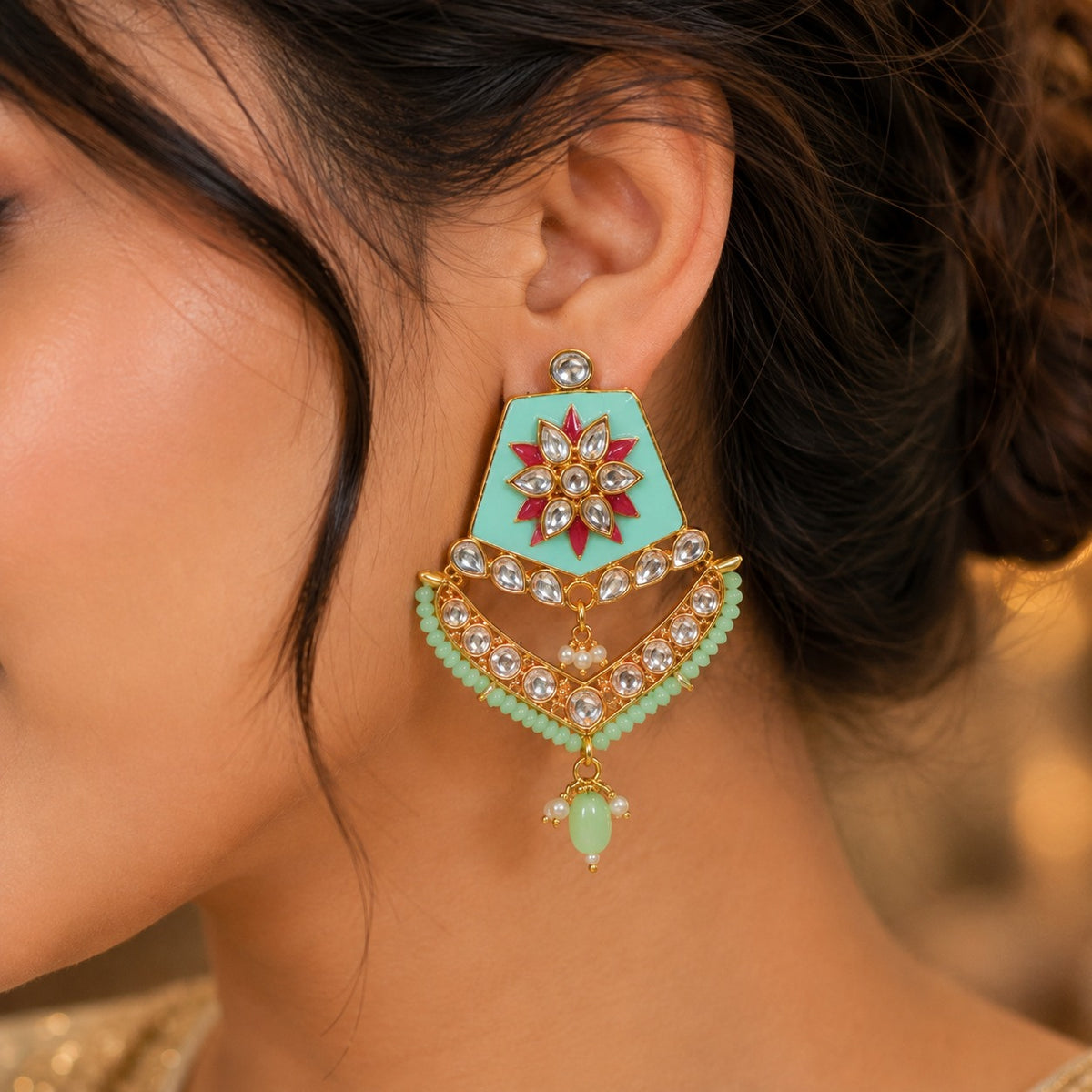 Mint Green Kundan Chandbali Earrings | Traditional Ethnic Statement Earrings for Women