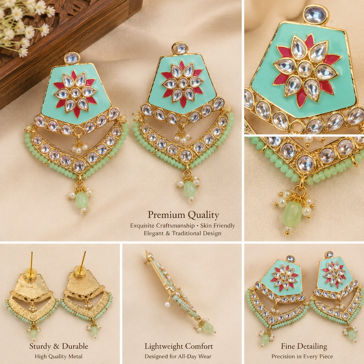Mint Green Kundan Chandbali Earrings | Traditional Ethnic Statement Earrings for Women